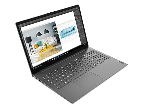 Lenovo V15 Gen 2 (15” AMD) laptop – ¾ front/left view from above, lid open, with photo-editing software on the display