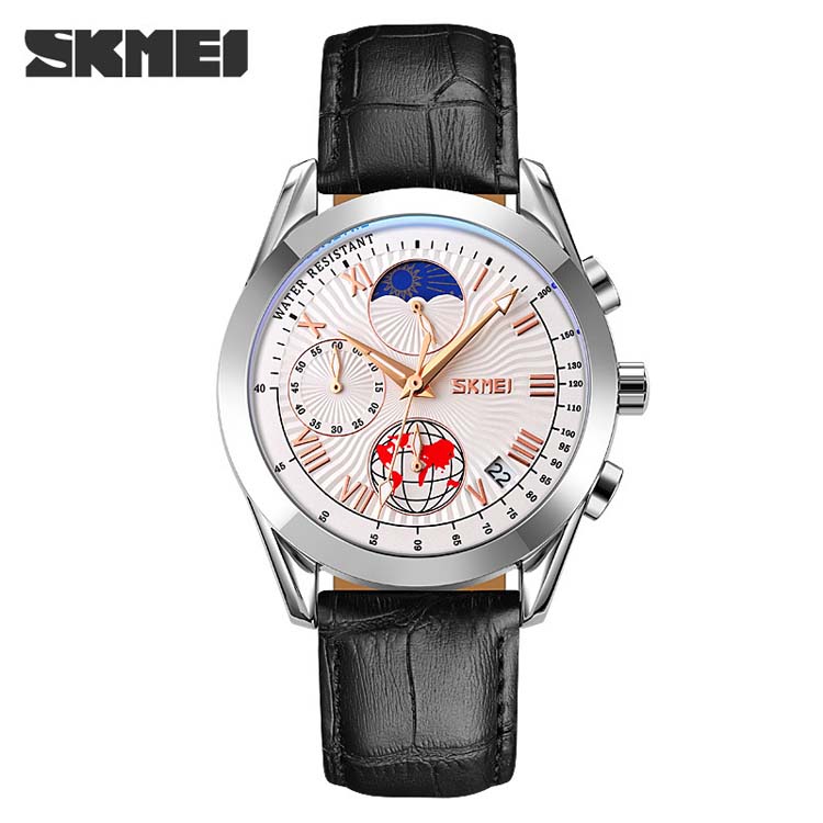SKMEI 9236 high quality red man quartz watch hot sale PU leather band 3 dials chronometer Simple Casual relogio musculino