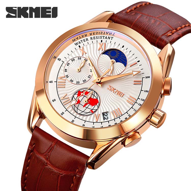 SKMEI 9236 high quality red man quartz watch hot sale PU leather band 3 dials chronometer Simple Casual relogio musculino