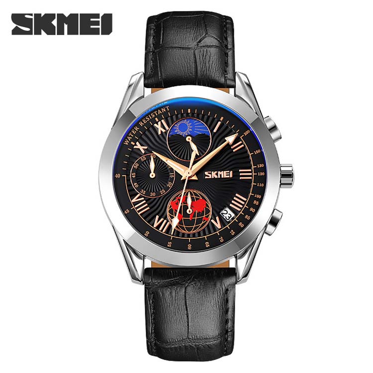 SKMEI 9236 high quality red man quartz watch hot sale PU leather band 3 dials chronometer Simple Casual relogio musculino