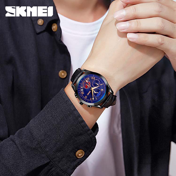 SKMEI 9236 high quality red man quartz watch hot sale PU leather band 3 dials chronometer Simple Casual relogio musculino
