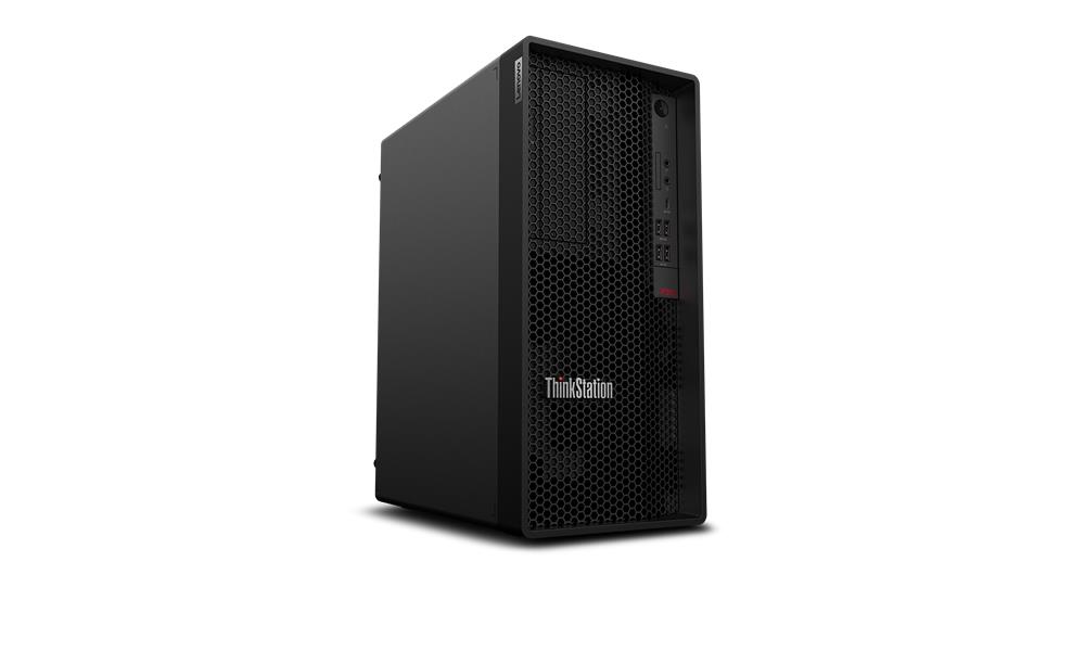 Lenovo ThinkStation P350 Tower iş istasyonu—bağlantı noktaları ve fanlarla birlikte arka görüntünün yanında sağ yan profil
