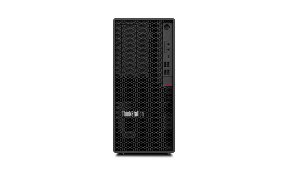 Lenovo ThinkStation P350 Tower iş istasyonu—önden görünüm, üstten ¾ sağ ön görünüm