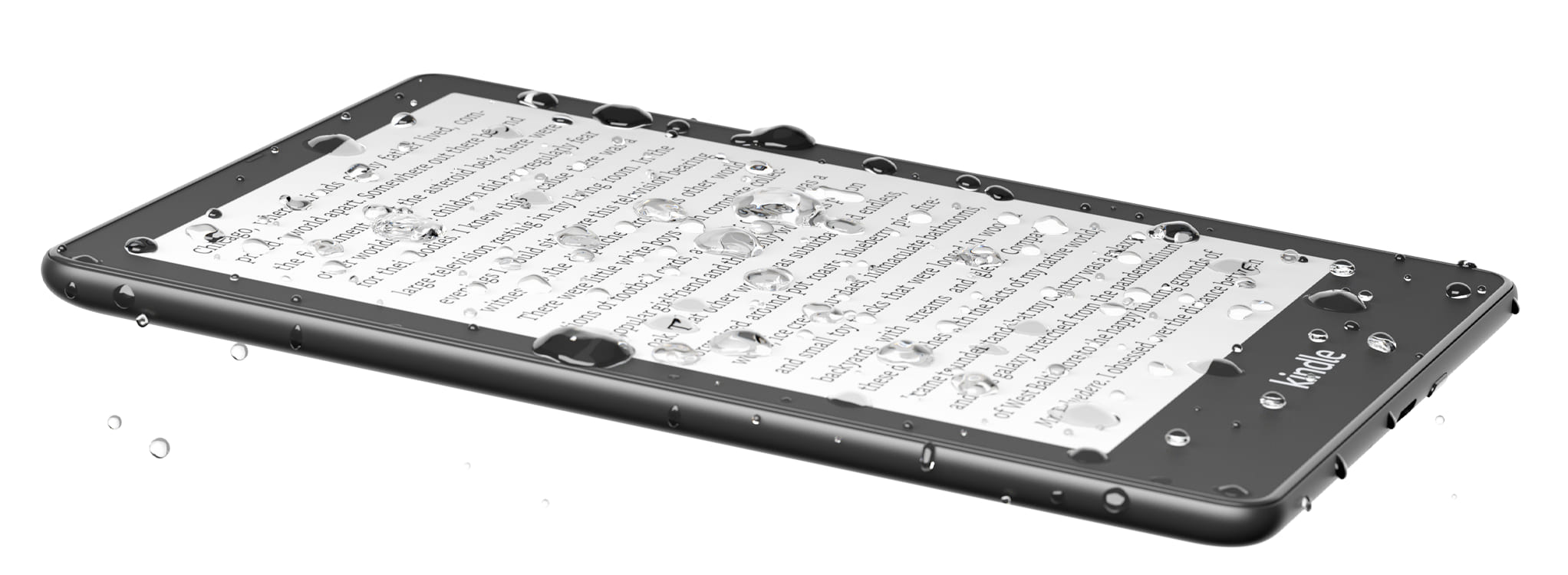 Kindle Paperwhite Signature Edition, beyaz bir arka plan üzerinde su damlacıkları ile.