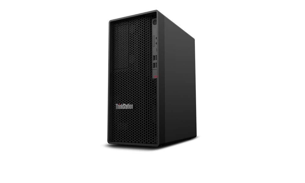 Lenovo ThinkStation P350 Tower iş istasyonu—bağlantı noktaları ve fanları olan arka görüntünün yanında sağ yan profilLenovo ThinkStation P350 Tower iş istasyonu—önden görünüm, alttan ¾ sağ ön görünüm