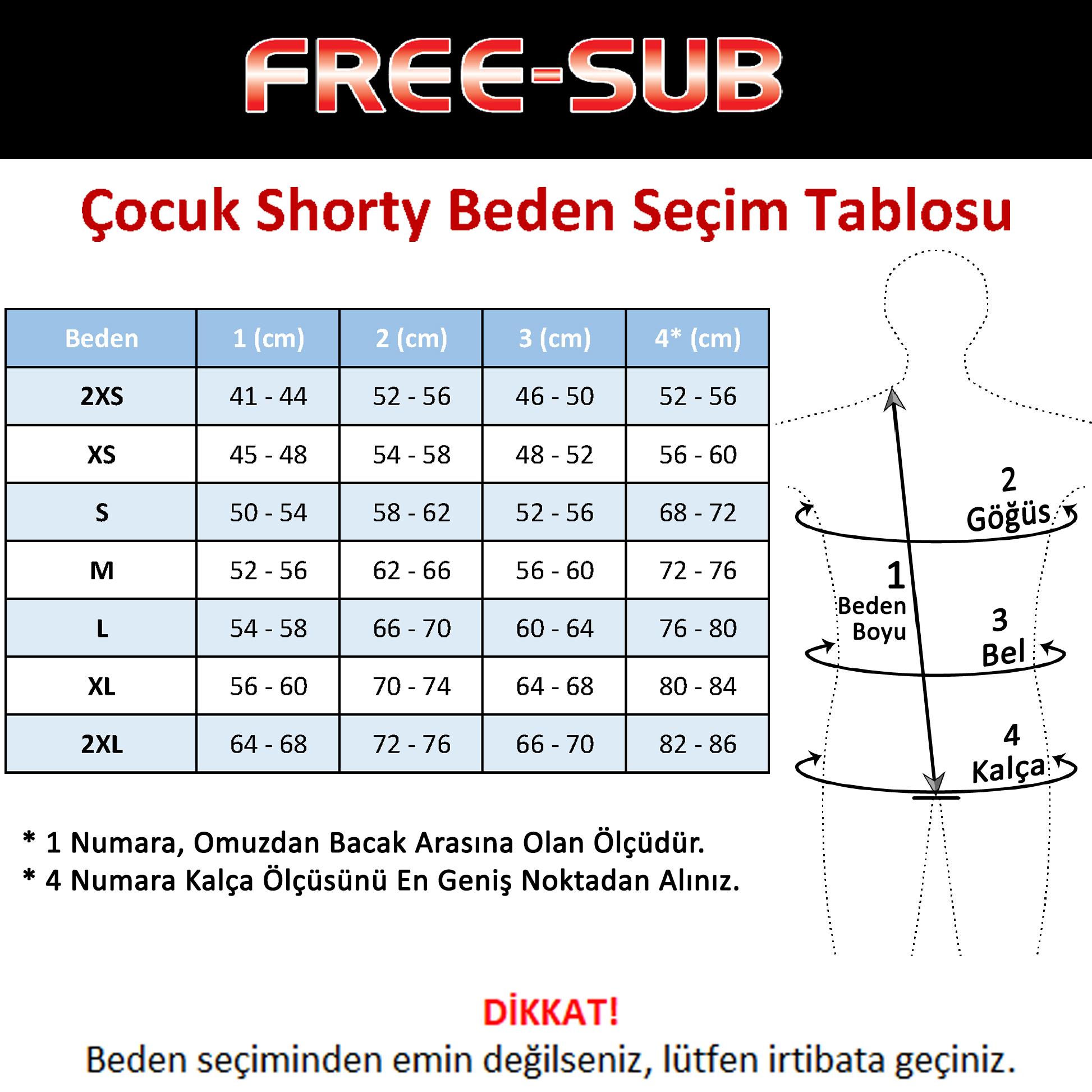 Free-Sub Çocuk Shorty Beden Seçim Tablosu