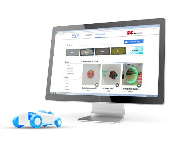 Bir bilgisayar ekranında görüntülenen XYZGallery ve 3d baskılı beyaz ve mavi yarış arabası