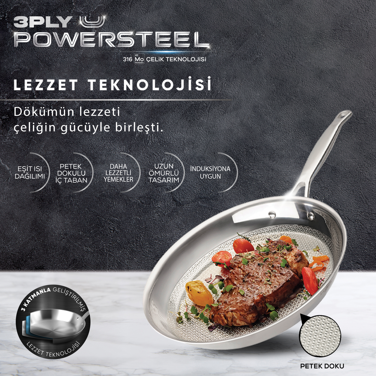 Karaca 3Ply PowerSteel 316+ Stainless Steel Induction Frying Pan