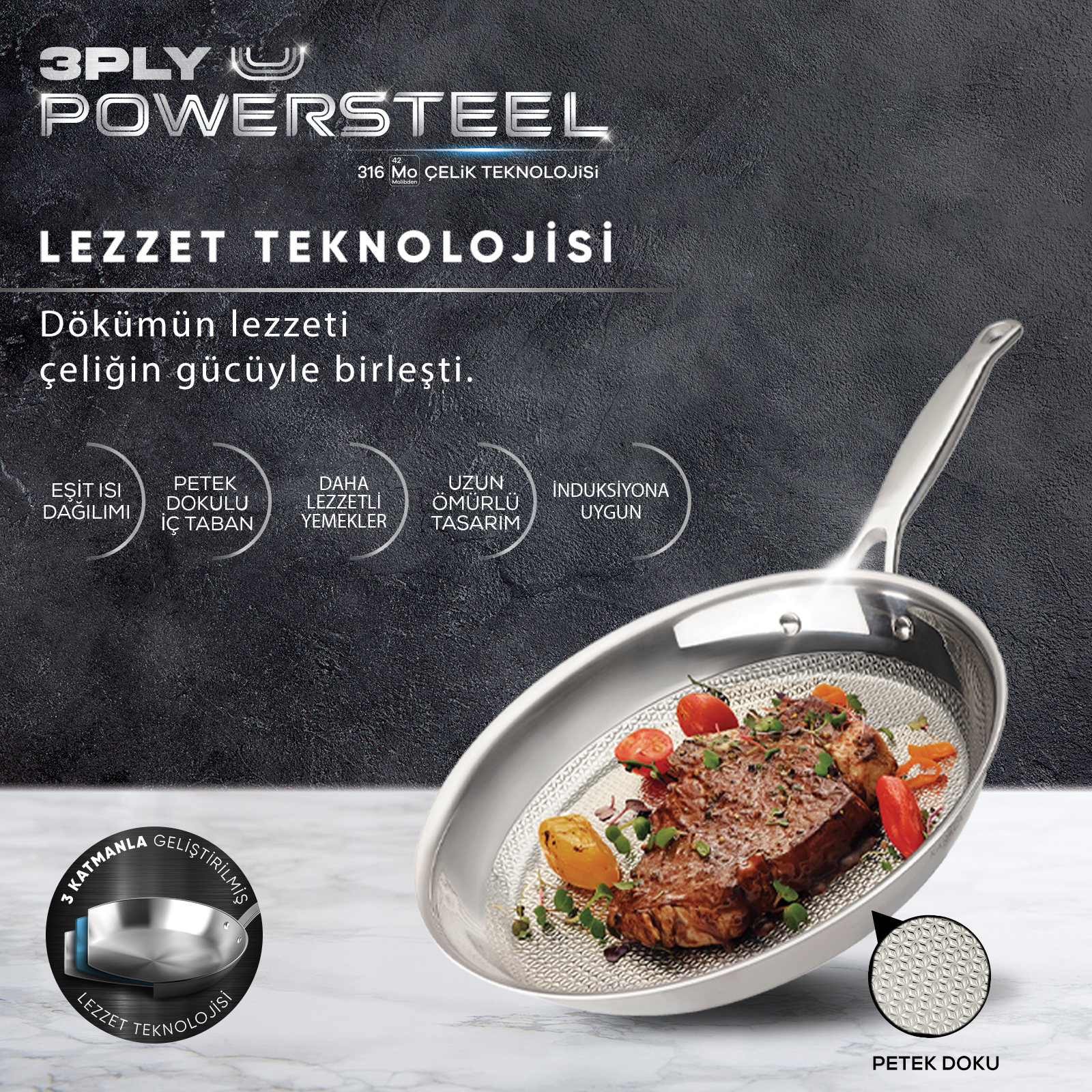 Karaca 3Ply PowerSteel 316+ Stainless Steel Induction Frying Pan, 30cm,  Silver - KARACA UK