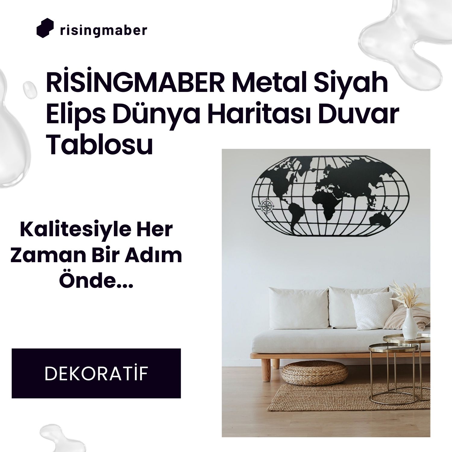 Risingmaber Dekoratif Metal Siyah Elips Dünya Haritası Duvar Tablosu 100X50.