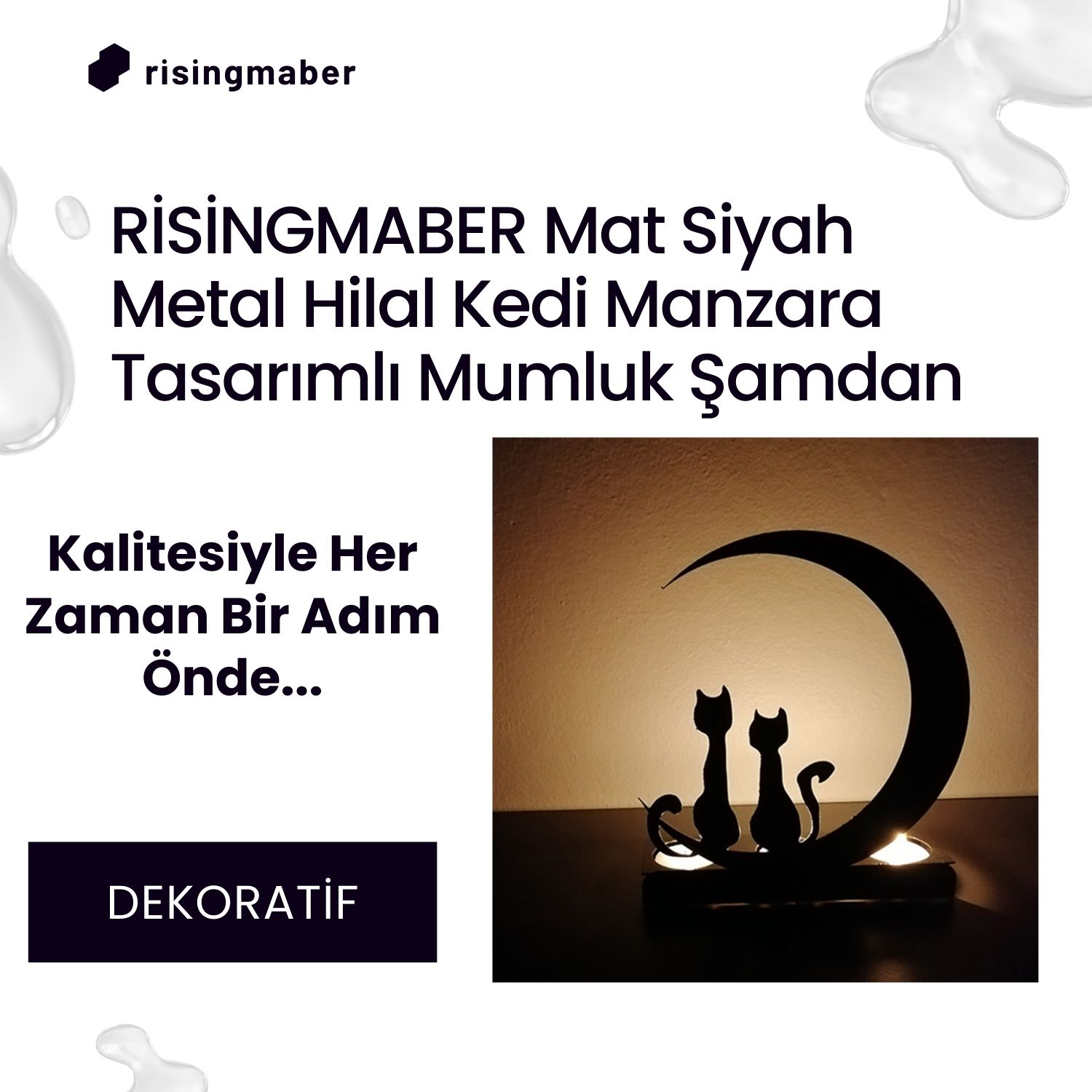 Risingmaber Dekoratif Hilal Kedi Manzara Tasarımlı Metal Mumluk Şamdan.