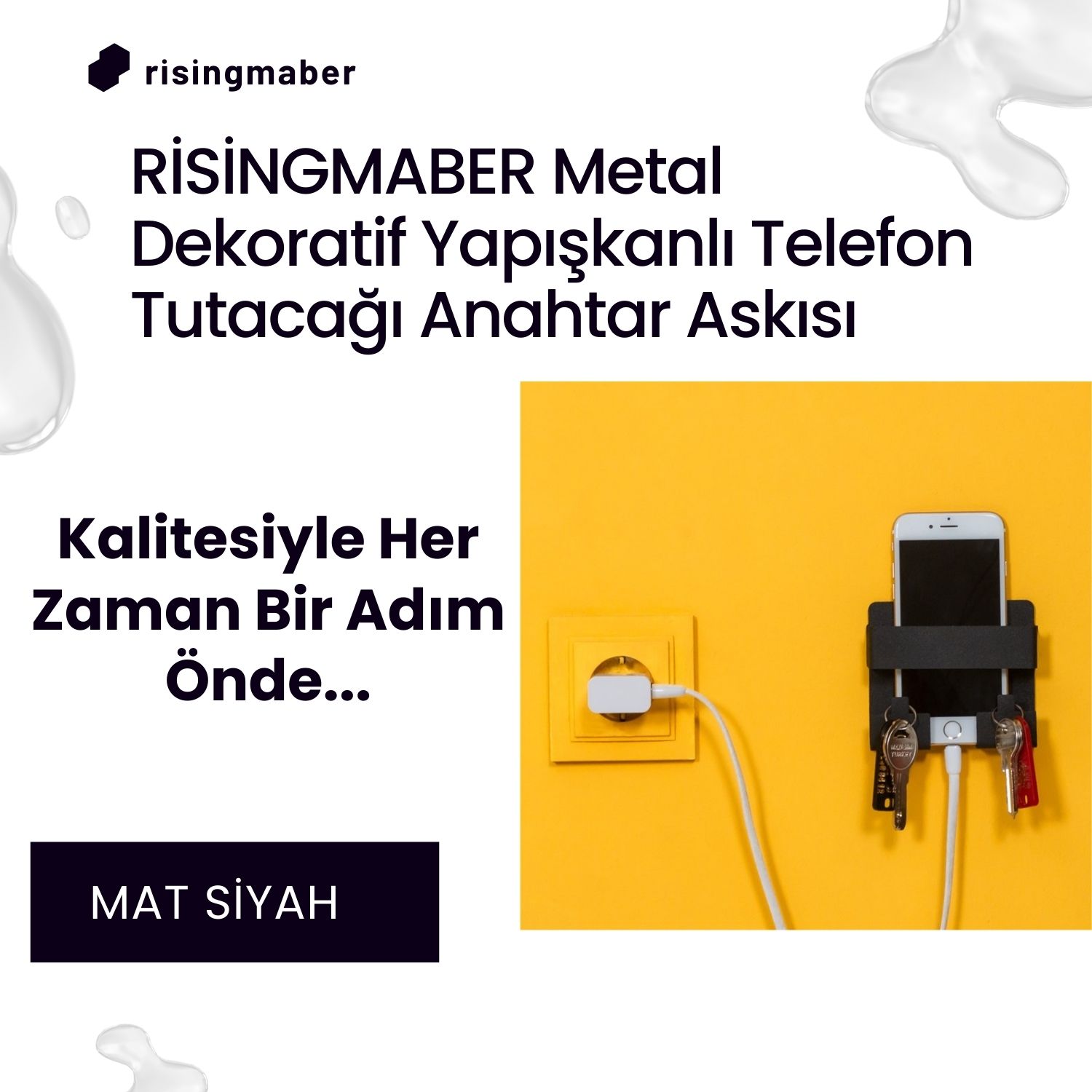 Risingmaber Metal Mat Siyah Dekoratif Yapışkanlı Telefon Tutacağı Anahtar Askısı.