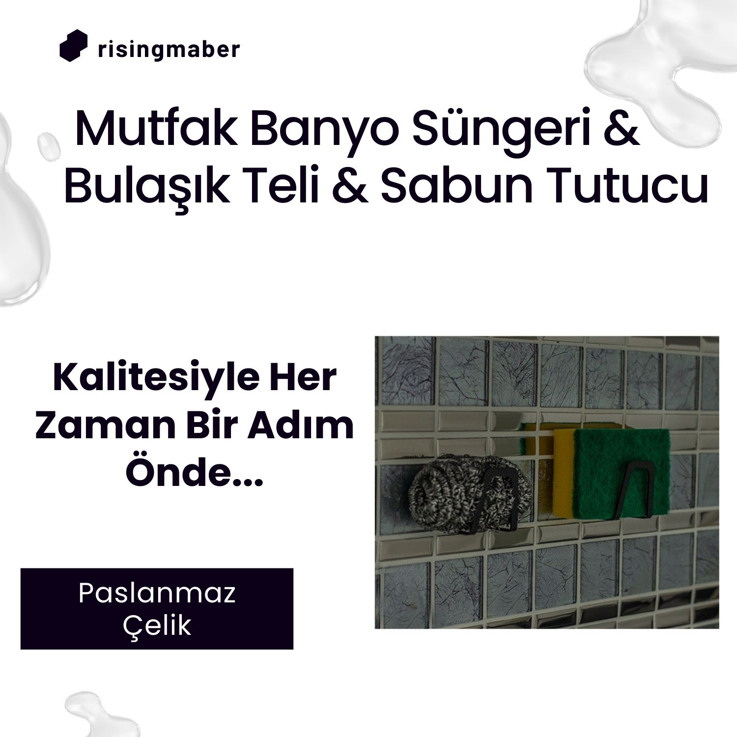 Risingmaber Paslanmaz Çelik Mutfak Banyo Sünger& Bulaşık Teli &sabun Tutucu 3 Adet.