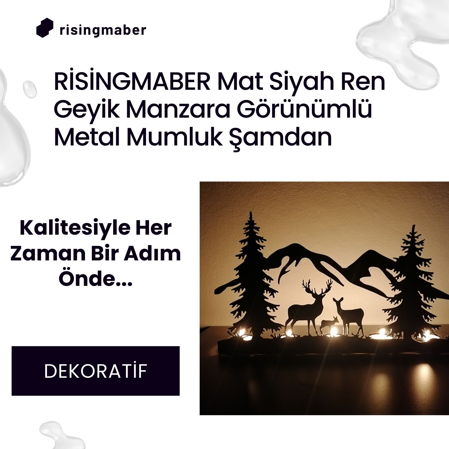Risingmaber Ren Geyik Manzara Görünümlü Metal Mumluk Şamdan.