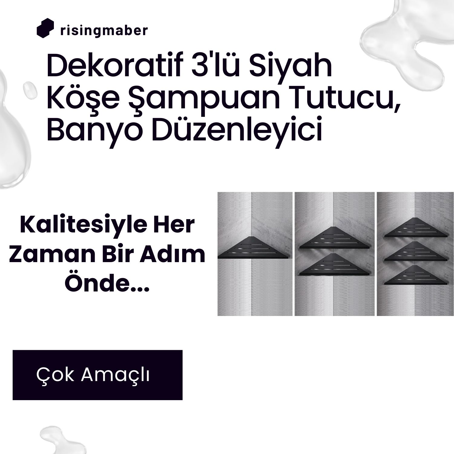 Risingmaber Dekoratif 3 Lü Siyah Köşe Şampuan Tutucu, Banyo Düzenleyici, Mutfak ve Raf Düzenleyici