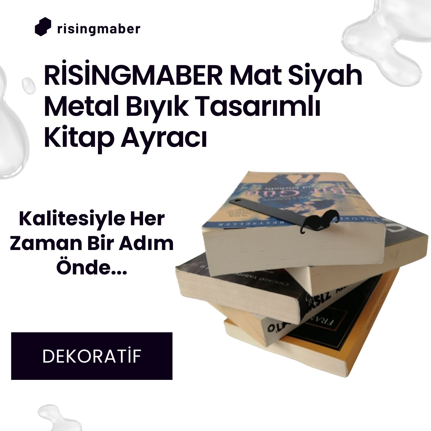 Risingmaber Mat Siyah Metal Bıyık Tasarımlı Kitap Ayracı.