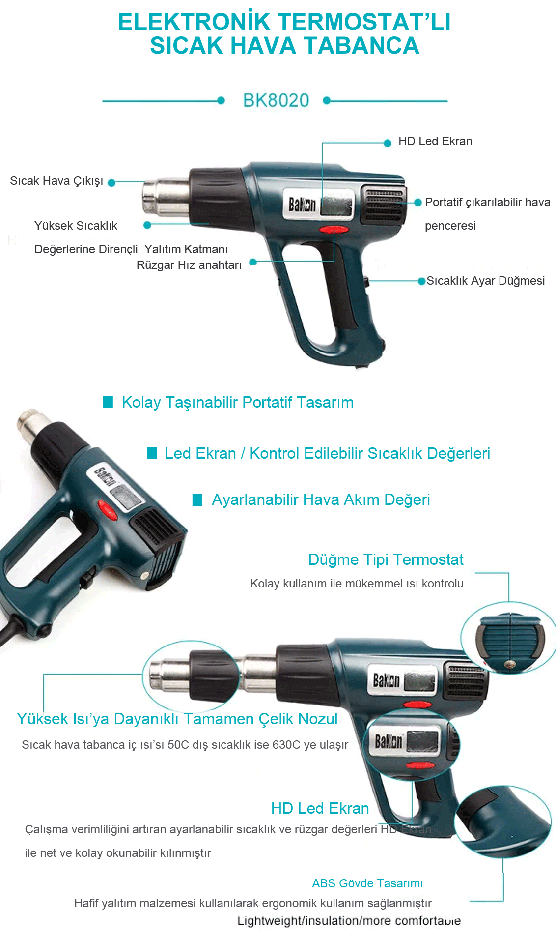 Bakon BK8020 Dijital Sıcak Hava Tabancası 2000 Watt 