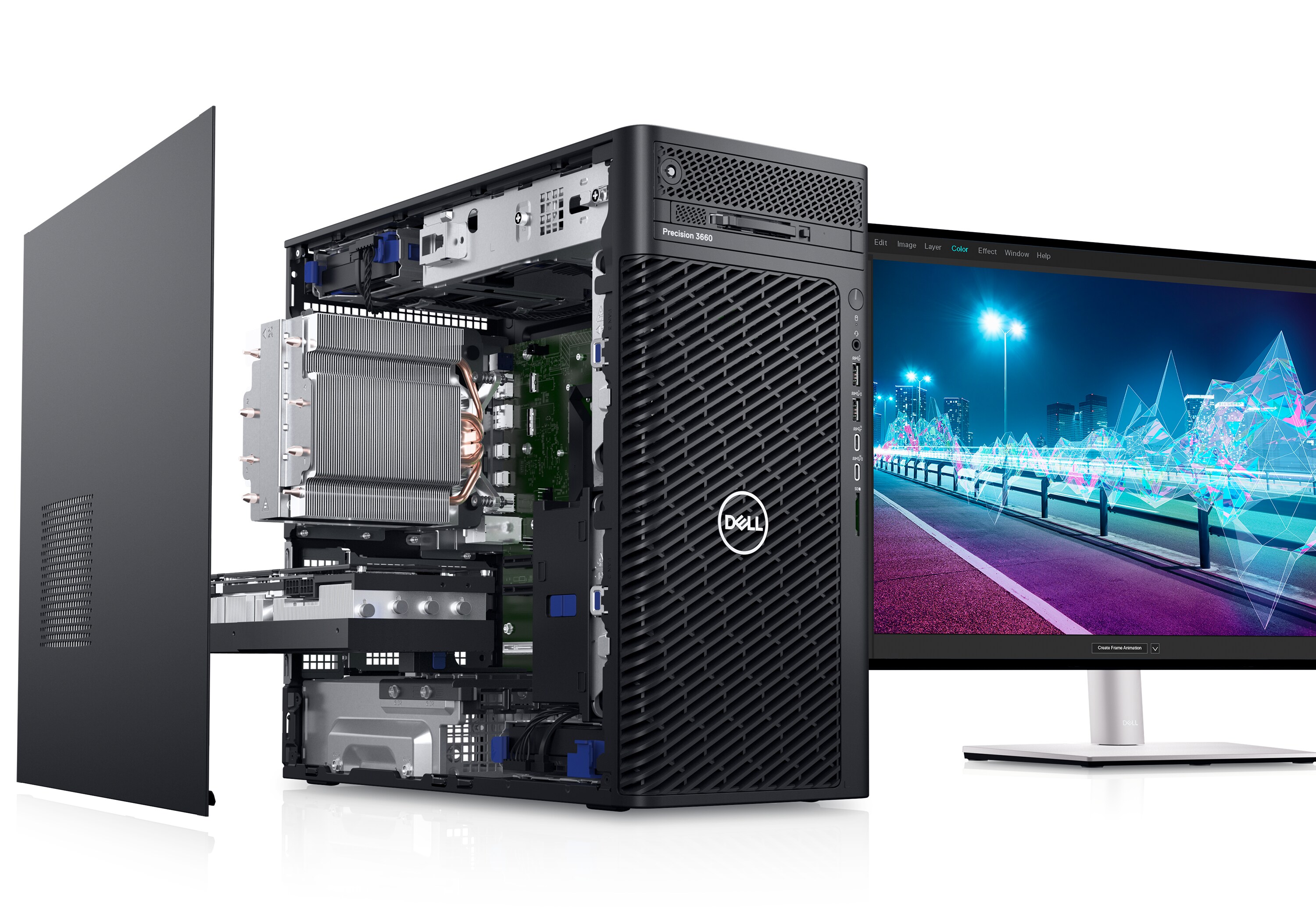 Parçalarına ayrılmış bir Dell Precision 3660 Tower İş İstasyonu'nun yanında bir Dell monitörle ürünü gösteren resim.