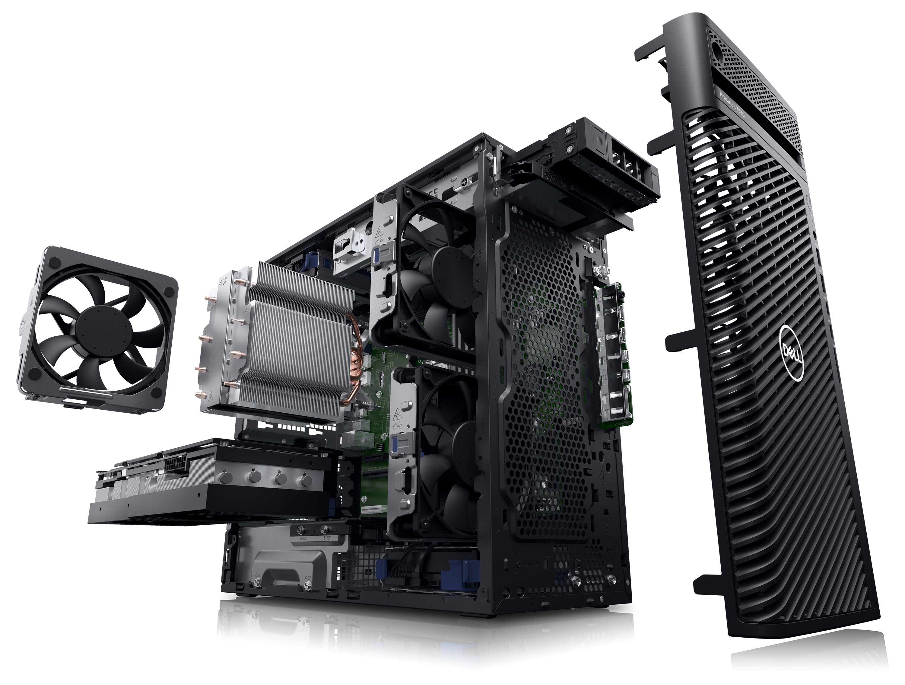 Parçalarına ayrılmış Dell Precision 3660 Tower İş istasyonunun içindeki ürünü gösteren resmi.