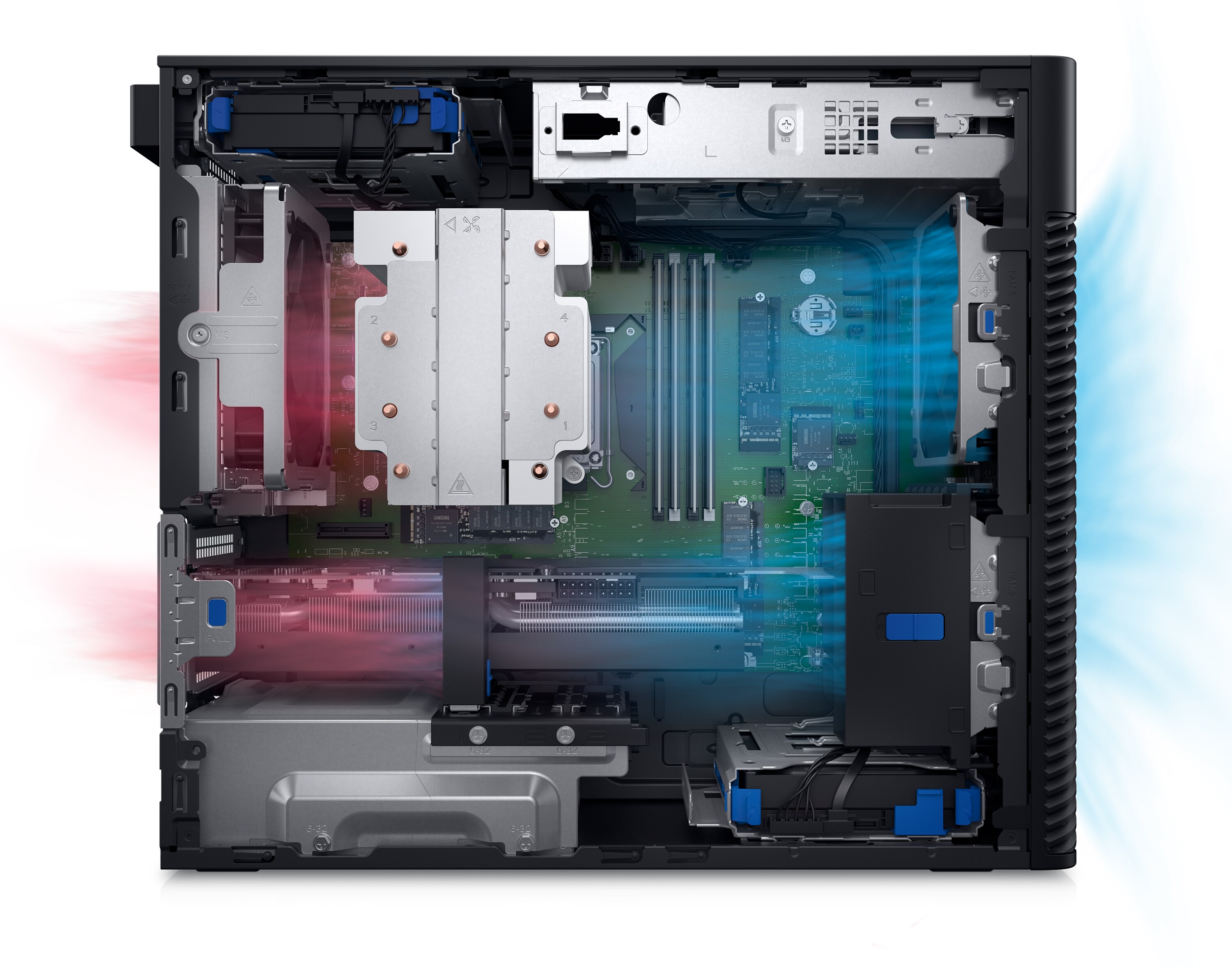 Parçalarına ayrılmış Dell Precision 3660 Tower İş istasyonunun içindeki ürünü gösteren resmi.