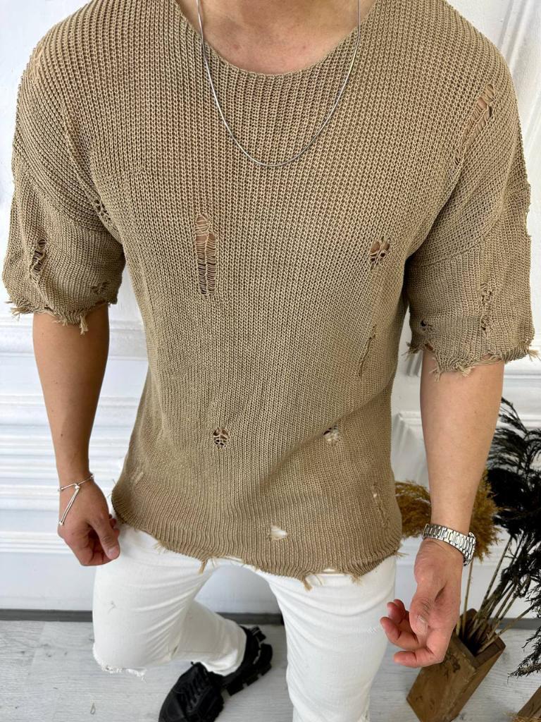 Tişört Yırtık Detaylı Oversize Tshirt Lazer Kesim T-shirt TiSORT2905