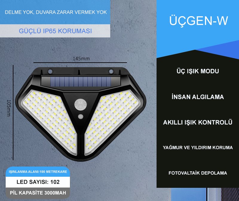Powermaster LF-1728A Çok Fonksiyonlu 3 Modlu Hareket Sensörlü 102 Cob Ledli İndüksiyon Duvar Lambası İçerik