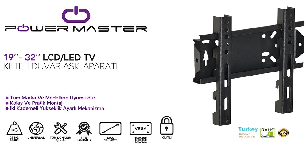 Powermaster 19 inc - 32 inc Kilitli Lcd-Led Tv Duvar Askı Aparatı