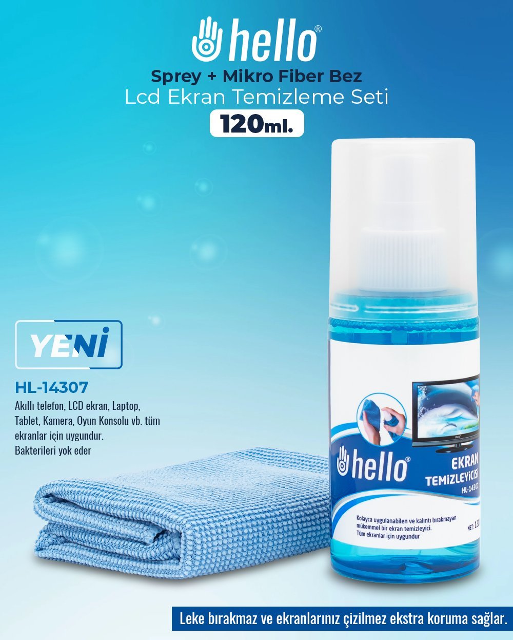 Hello HL-14307 Sprey + Mikrofiber Bez 120 Ml. Lcd Ekran Temizleme Seti 