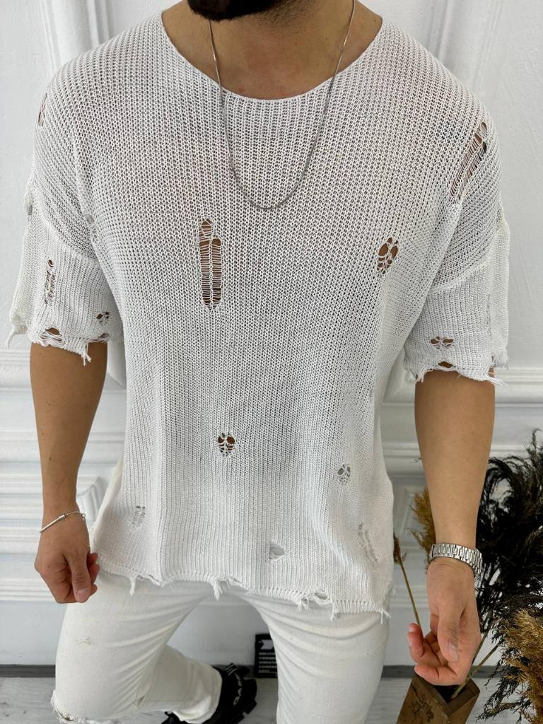 Tişört Yırtık Detaylı Oversize Tshirt Lazer Kesim T-shirt TiSORT2905