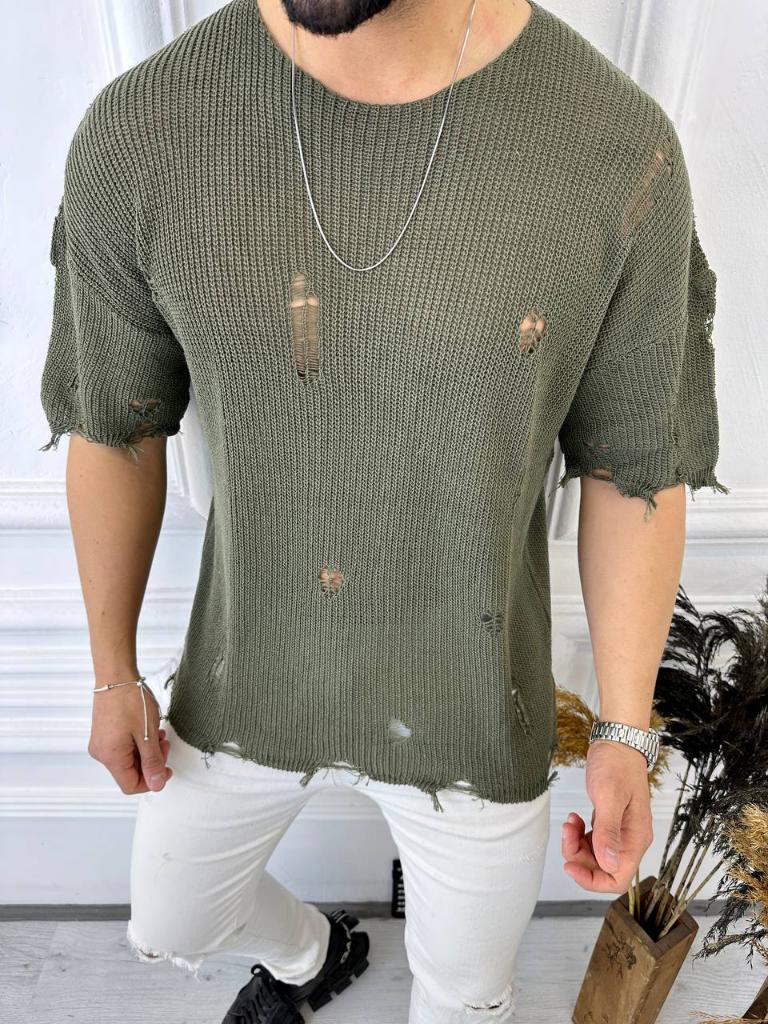 Tişört Yırtık Detaylı Oversize Tshirt Lazer Kesim T-shirt TiSORT2905