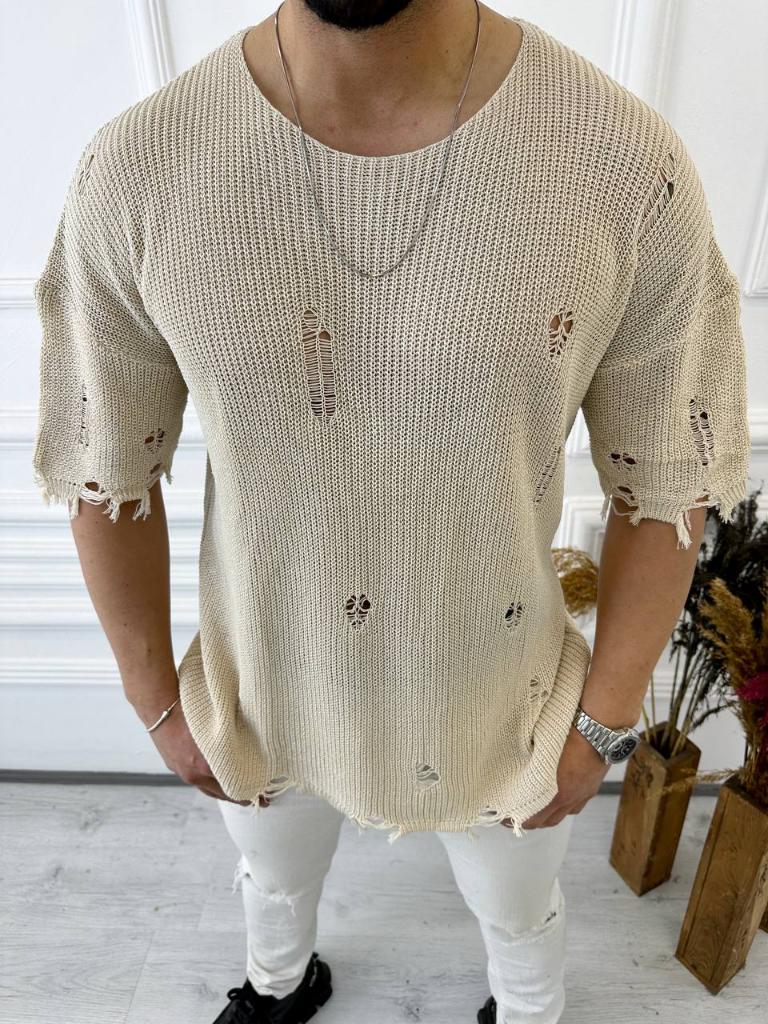 Tişört Yırtık Detaylı Oversize Tshirt Lazer Kesim T-shirt TiSORT2905