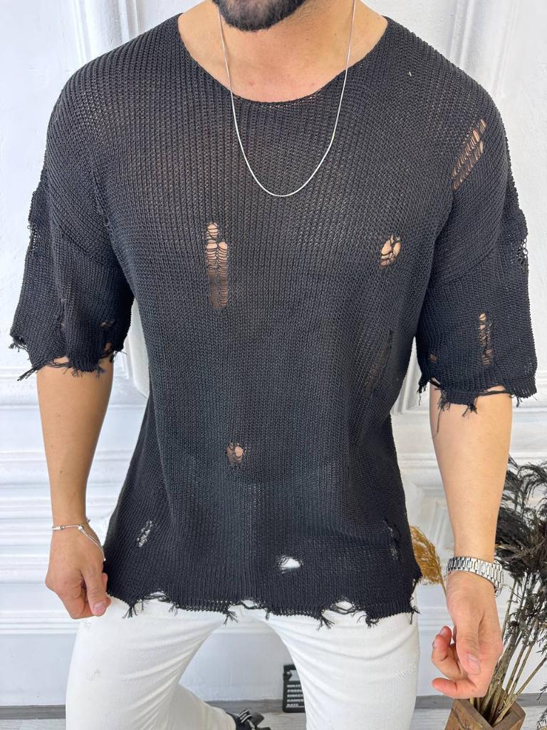 Tişört Yırtık Detaylı Oversize Tshirt Lazer Kesim T-shirt TiSORT2905