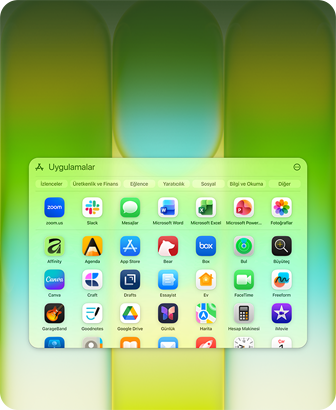 MacBook Neo’nun ekranında Microsoft PowerPoint, Word, Excel, OneNote, Google Chrome, Google Drive, FaceTime, Mesajlar, Fotoğraflar, Notlar, Canva, WhatsApp, Zoom, Essayist, Craft, Affinity, Box ve Todoist uygulamalarının bulunduğu Uygulamalar penceresi gösteriliyor