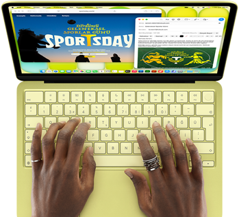 MacBook Neo, puslu sarı renk, klavye üzerinde duran eller, kullanıcı bir spor etkinliği için davet mail'i hazırlıyor, yanda etkinliğin websitesi açık