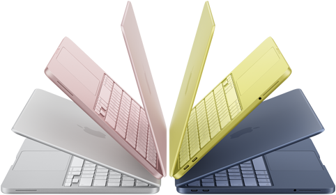 }Gümüş, pastel pembe, puslu sarı ve Indigo renklerinde, hafifçe açık duran ve yay biçiminde dizilmiş MacBook Neo laptoplar
