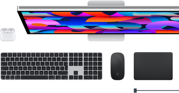 Mac aksesuarları: AirPods, Studio Display, Magic Keyboard, Magic Mouse, Magic Trackpad, MagSafe şarj kablosu