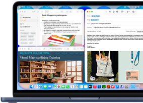 MacBook Neo, indigo renk, ekranda bir kitapçının yeni çalışanı için yazılan karşılama mail’i gösteriliyor, üst üste duran diğer pencerelerde ise işe alımla ilgili bilgileri içeren Notlar belgesi ve kitapçının çalışan portalı web sitesini gösteren Safari tarayıcısı yer alıyor