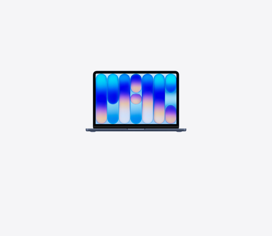 MacBook Neo, açık görünüm, Indigo renk, renkli soyut duvar kağıdı