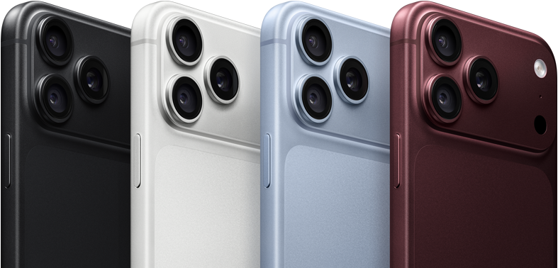 Yan yana dizilmiş iPhone 18 Pro aygıtları, arkadan dış görünüm, dört renk seçeneği: Burgonya Rengi, Buzul Rengi, Gümüş Rengi, Siyah, sol üst köşede Pro Fusion kamera sistemi, 3 adet lens, mikrofon, flaş