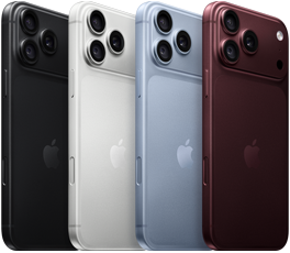 Yan yana dizilmiş iPhone 18 Pro aygıtları, arkadan dış görünüm, dört renk seçeneği: Burgonya Rengi, Buzul Rengi, Gümüş Rengi, Siyah, sol üst köşede Pro Fusion kamera sistemi, 3 adet lens, mikrofon, flaş