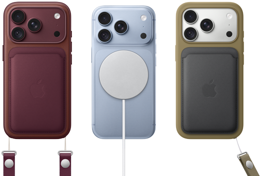 iPhone 18 Pro, arkadan dış görünüm, Burgonya rengi, Burgonya rengi MagSafe özellikli Mikro Dokuma Cüzdan; iPhone 18 Pro, arkadan dış görünüm, Buzul rengi, MagSafe Pil; iPhone 18 Pro, arkadan dış görünüm, Gümüş rengi, Yeşil renk Silikon Kılıf ve MagSafe Şarj Aygıtı