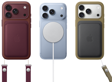 iPhone 18 Pro, arkadan dış görünüm, Burgonya rengi, Burgonya rengi MagSafe özellikli Mikro Dokuma Cüzdan; iPhone 18 Pro, arkadan dış görünüm, Buzul rengi, MagSafe Pil; iPhone 18 Pro, arkadan dış görünüm, Gümüş rengi, Yeşil renk Silikon Kılıf ve MagSafe Şarj Aygıtı