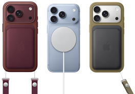 iPhone 18 Pro, arkadan dış görünüm, Burgonya rengi, Burgonya rengi MagSafe özellikli Mikro Dokuma Cüzdan; iPhone 18 Pro, arkadan dış görünüm, Buzul rengi, MagSafe Pil; iPhone 18 Pro, arkadan dış görünüm, Gümüş rengi, Yeşil renk Silikon Kılıf ve MagSafe Şarj Aygıtı