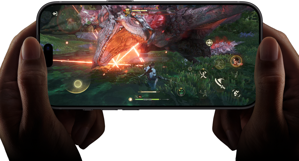 iPhone 18 Pro, önden dış görünüm, Monster Hunter Outlanders oyunundan bir sahneyle A20 Pro çipin performans özellikleri gösteriliyor