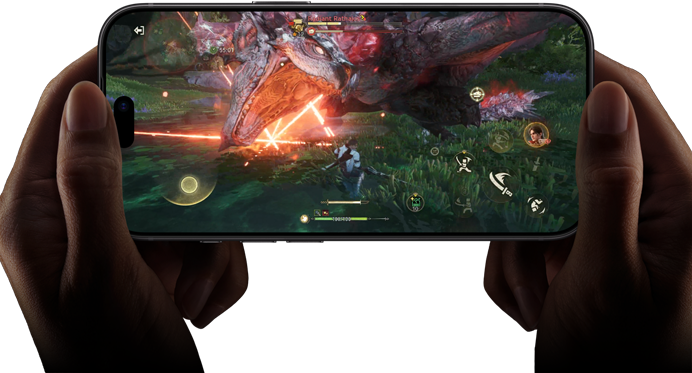 iPhone 18 Pro, önden dış görünüm, Monster Hunter Outlanders oyunundan bir sahneyle A20 Pro çipin performans özellikleri gösteriliyor