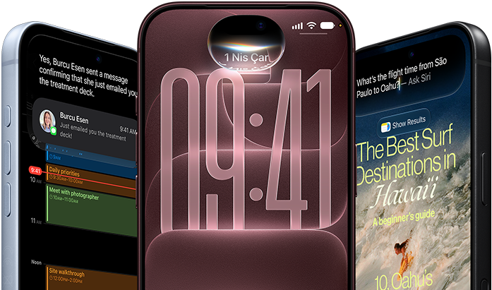 Siyah, Buzul ve Burgonya renklerinde 3 adet iPhone 18 Pro aygıtı, önden dış görünüm, ekranlarında kilit ekranında Siri AI entegrasyonu, Mesaj Özeti ve Siri’ye Sor gösteriliyor