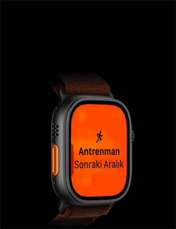 Apple Watch Ultra 4, titanyum kasa, siyah renk, Koşu antrenmanı, sonraki aralık, sol dış görünüm, turuncu Eylem düğmesi, Alpine Loop kordon