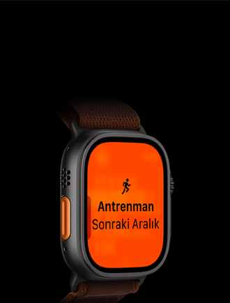 Apple Watch Ultra 4, titanyum kasa, siyah renk, Koşu antrenmanı, sonraki aralık, sol dış görünüm, turuncu Eylem düğmesi, Alpine Loop kordon