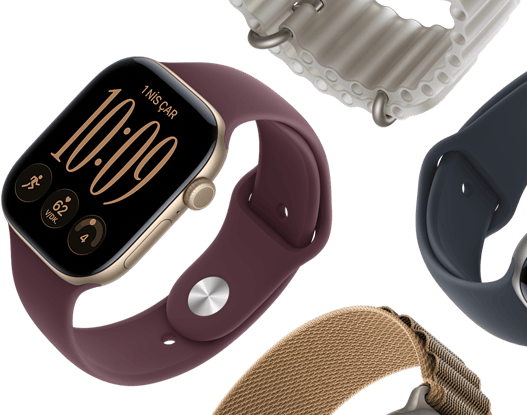 Apple Watch Series 11 kayışları: sis moru Spor Kordon, demir mavisi Ocean kordon, açık mavi Alpine Loop