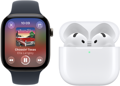 Apple Watch Series 12, alüminyum kasa, siyah renk, siyah Spor Kordon, Apple Music uygulaması açık, AirPods 4 ile eşleştirilmiş
